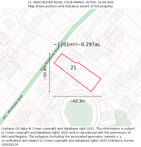 21, WINCHESTER ROAD, FOUR MARKS, ALTON, GU34 5HG: Plot and title map