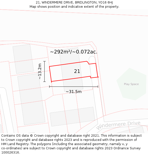 21, WINDERMERE DRIVE, BRIDLINGTON, YO16 6HJ: Plot and title map