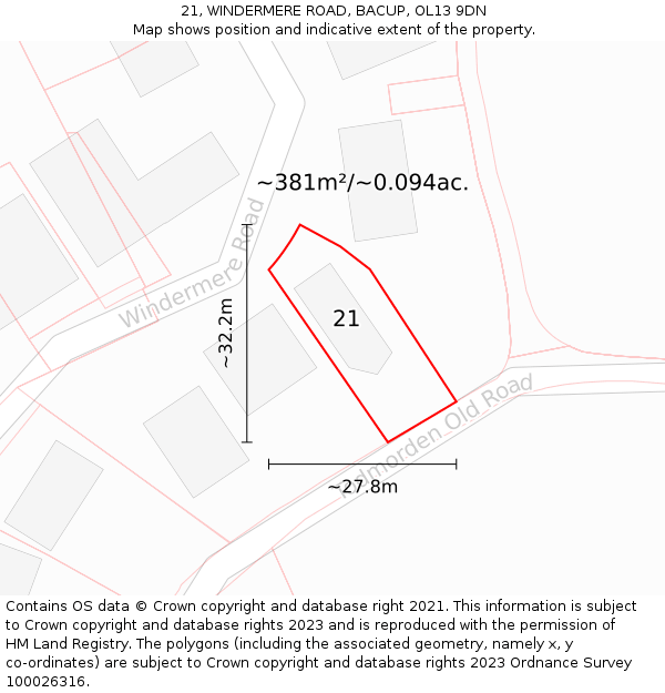 21, WINDERMERE ROAD, BACUP, OL13 9DN: Plot and title map