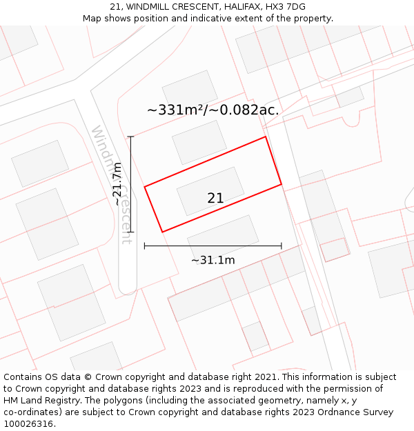 21, WINDMILL CRESCENT, HALIFAX, HX3 7DG: Plot and title map