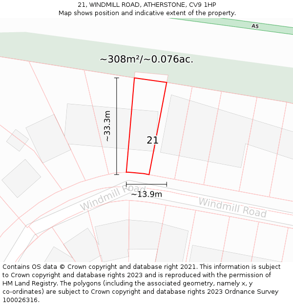 21, WINDMILL ROAD, ATHERSTONE, CV9 1HP: Plot and title map