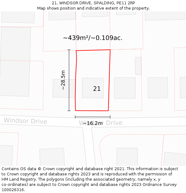 21, WINDSOR DRIVE, SPALDING, PE11 2RP: Plot and title map