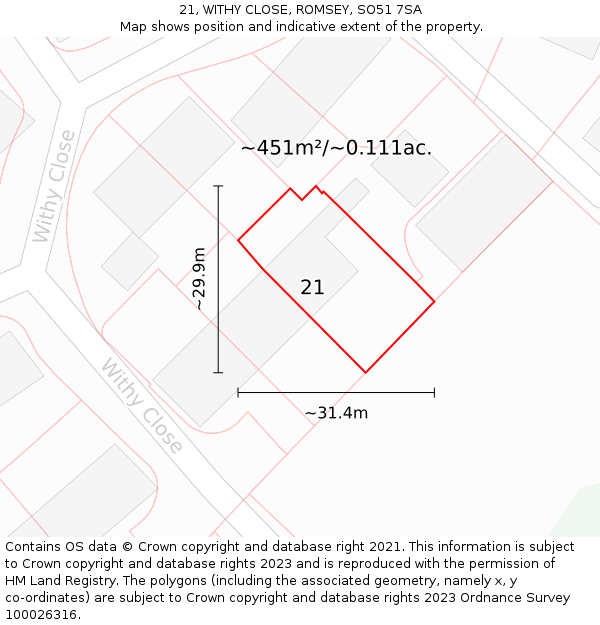 21, WITHY CLOSE, ROMSEY, SO51 7SA: Plot and title map