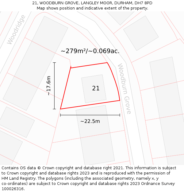 21, WOODBURN GROVE, LANGLEY MOOR, DURHAM, DH7 8PD: Plot and title map