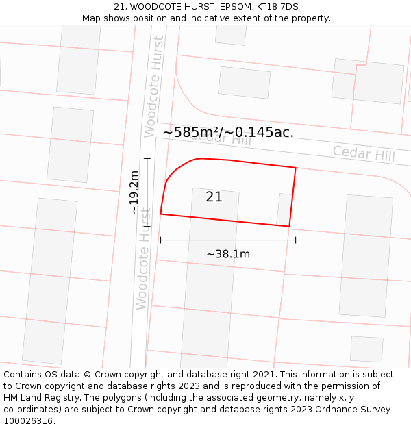 21, WOODCOTE HURST, EPSOM, KT18 7DS: Plot and title map