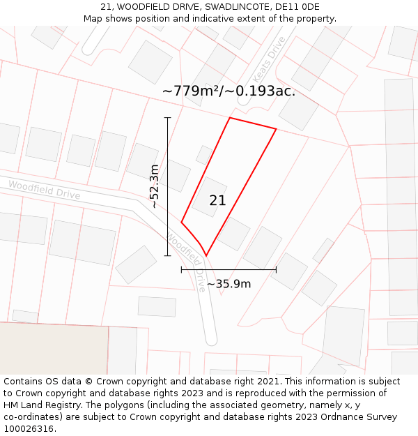 21, WOODFIELD DRIVE, SWADLINCOTE, DE11 0DE: Plot and title map