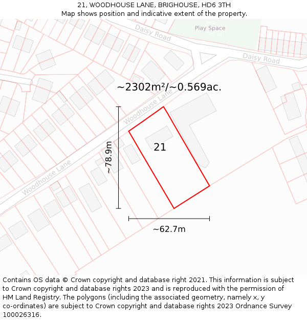 21, WOODHOUSE LANE, BRIGHOUSE, HD6 3TH: Plot and title map