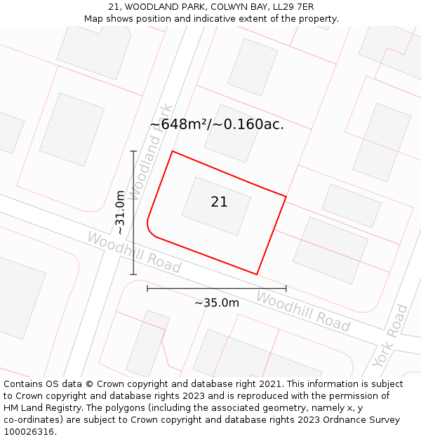 21, WOODLAND PARK, COLWYN BAY, LL29 7ER: Plot and title map