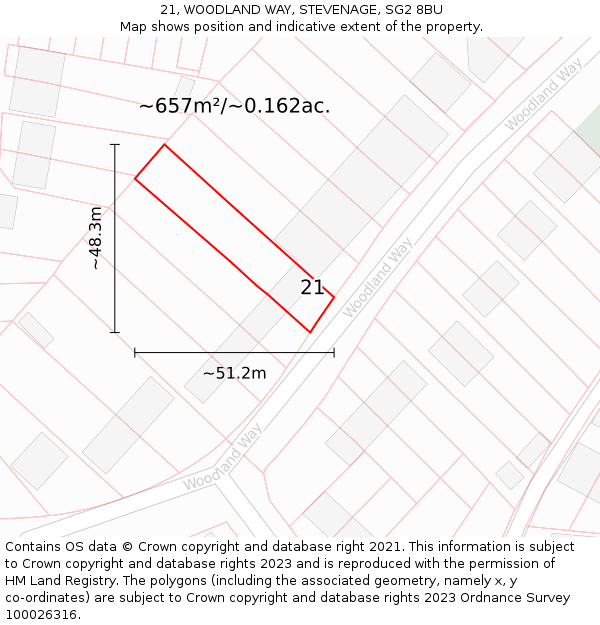 21, WOODLAND WAY, STEVENAGE, SG2 8BU: Plot and title map