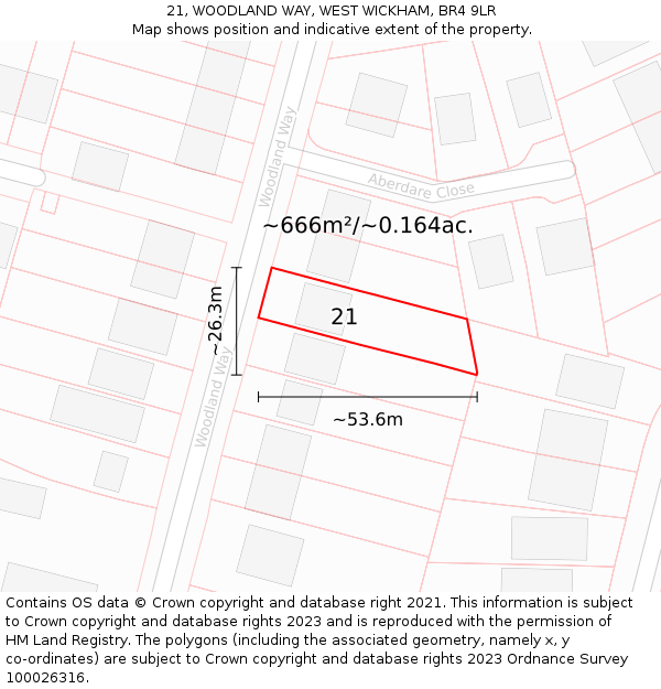 21, WOODLAND WAY, WEST WICKHAM, BR4 9LR: Plot and title map