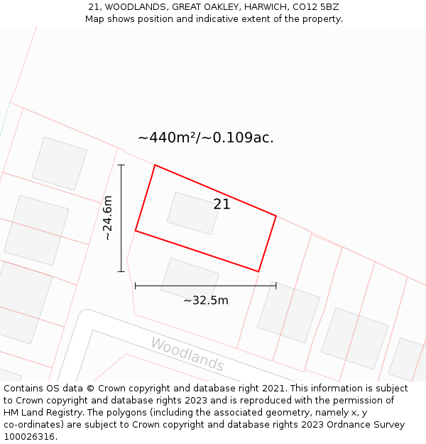 21, WOODLANDS, GREAT OAKLEY, HARWICH, CO12 5BZ: Plot and title map