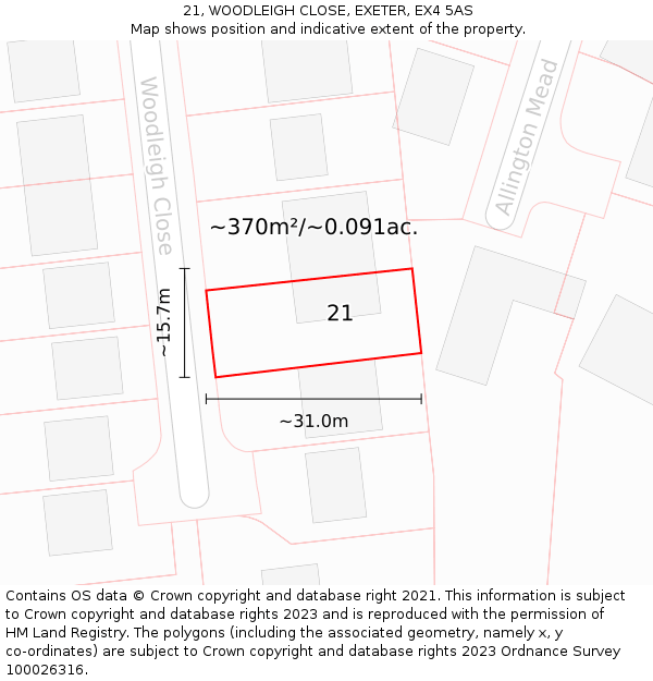 21, WOODLEIGH CLOSE, EXETER, EX4 5AS: Plot and title map