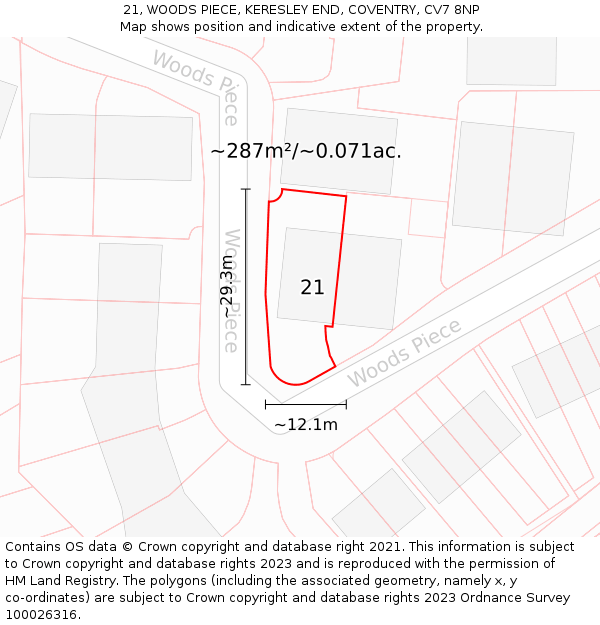 21, WOODS PIECE, KERESLEY END, COVENTRY, CV7 8NP: Plot and title map