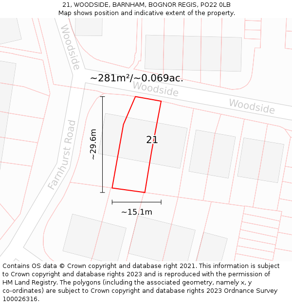 21, WOODSIDE, BARNHAM, BOGNOR REGIS, PO22 0LB: Plot and title map