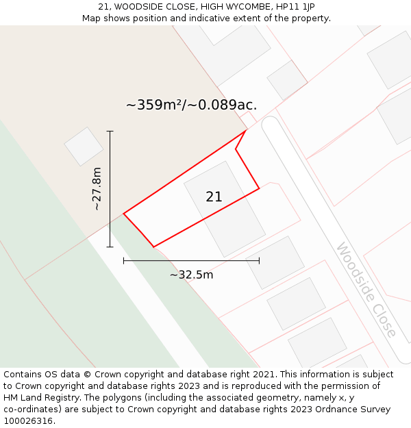 21, WOODSIDE CLOSE, HIGH WYCOMBE, HP11 1JP: Plot and title map