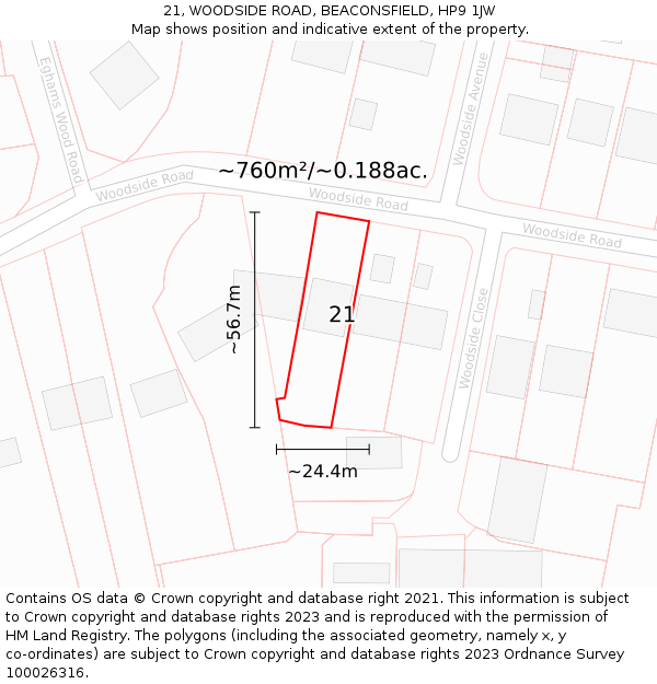 21, WOODSIDE ROAD, BEACONSFIELD, HP9 1JW: Plot and title map