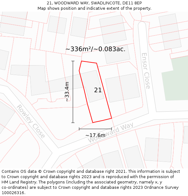 21, WOODWARD WAY, SWADLINCOTE, DE11 8EP: Plot and title map