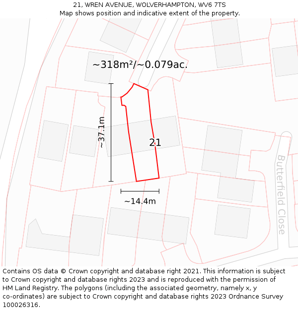 21, WREN AVENUE, WOLVERHAMPTON, WV6 7TS: Plot and title map