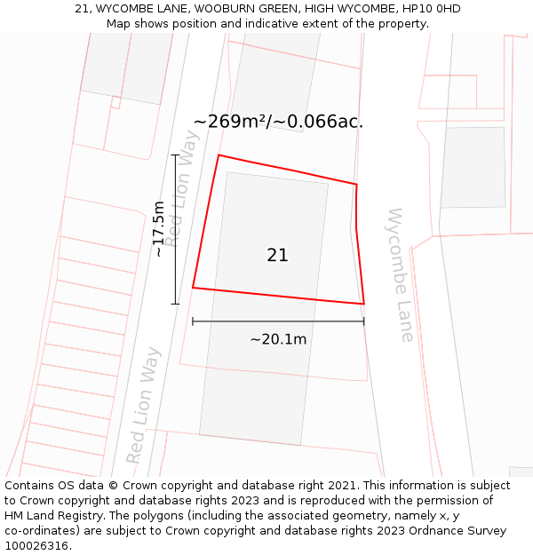 21, WYCOMBE LANE, WOOBURN GREEN, HIGH WYCOMBE, HP10 0HD: Plot and title map