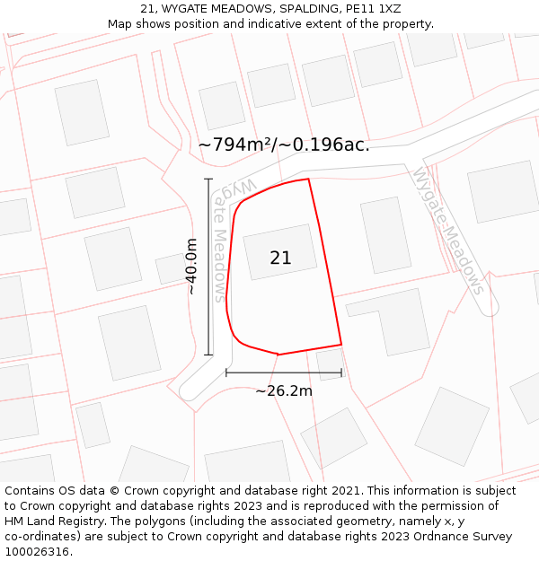 21, WYGATE MEADOWS, SPALDING, PE11 1XZ: Plot and title map