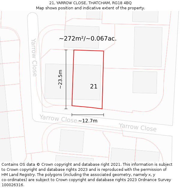 21, YARROW CLOSE, THATCHAM, RG18 4BQ: Plot and title map