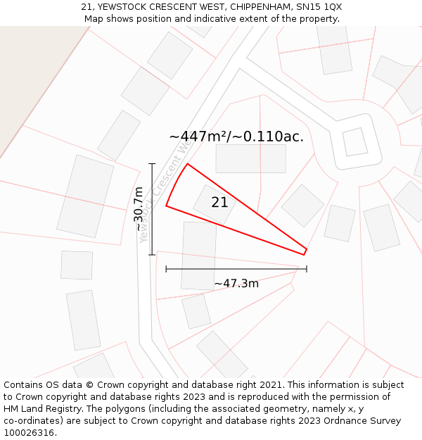 21, YEWSTOCK CRESCENT WEST, CHIPPENHAM, SN15 1QX: Plot and title map