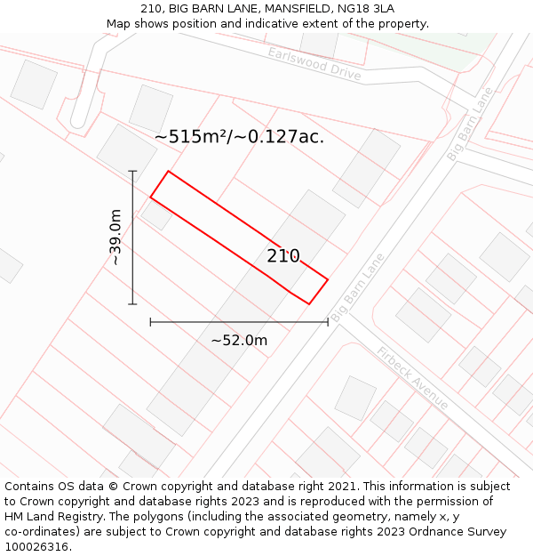 210, BIG BARN LANE, MANSFIELD, NG18 3LA: Plot and title map