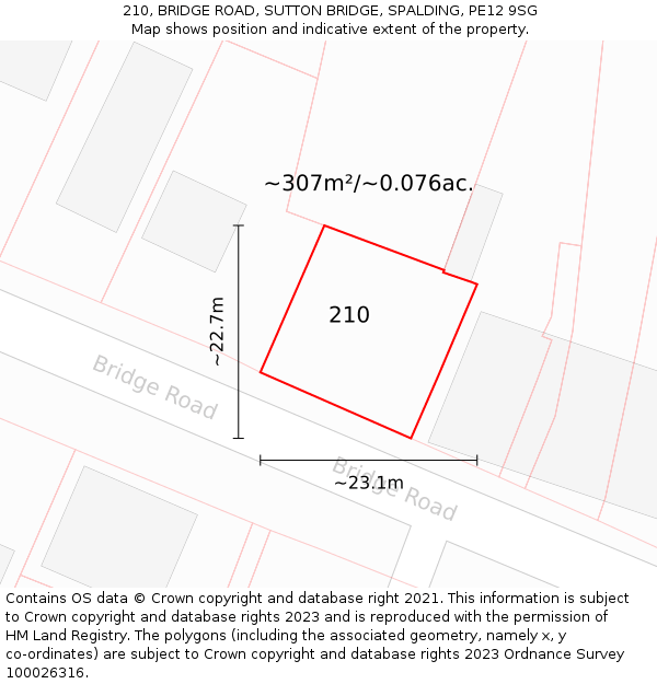 210, BRIDGE ROAD, SUTTON BRIDGE, SPALDING, PE12 9SG: Plot and title map