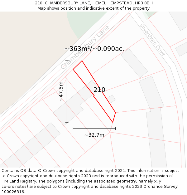 210, CHAMBERSBURY LANE, HEMEL HEMPSTEAD, HP3 8BH: Plot and title map