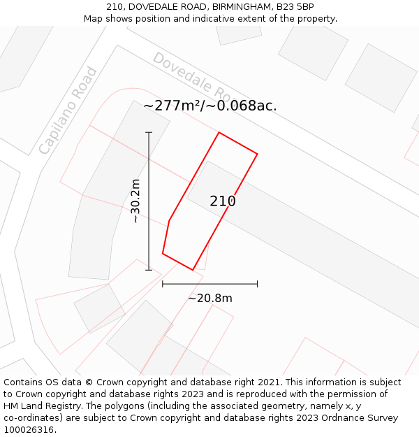 210, DOVEDALE ROAD, BIRMINGHAM, B23 5BP: Plot and title map