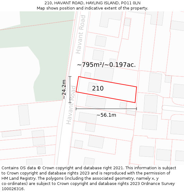 210, HAVANT ROAD, HAYLING ISLAND, PO11 0LN: Plot and title map