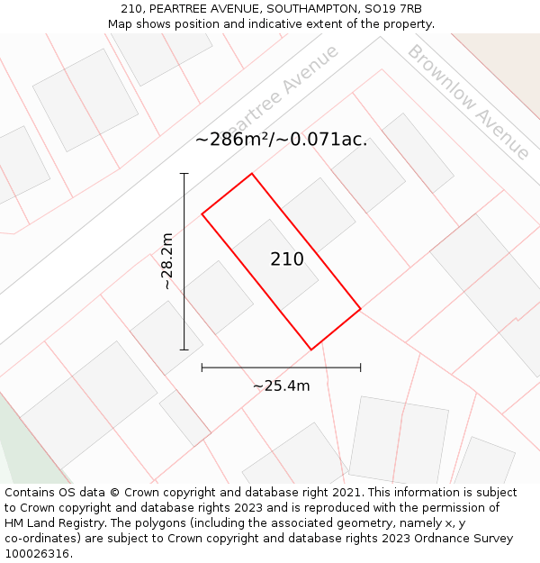 210, PEARTREE AVENUE, SOUTHAMPTON, SO19 7RB: Plot and title map