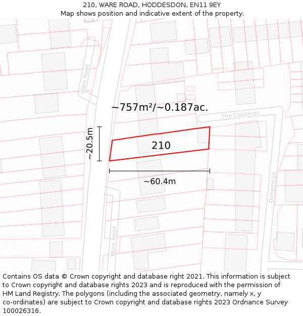 210, WARE ROAD, HODDESDON, EN11 9EY: Plot and title map