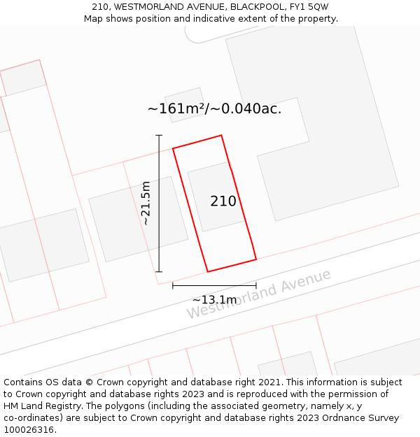 210, WESTMORLAND AVENUE, BLACKPOOL, FY1 5QW: Plot and title map