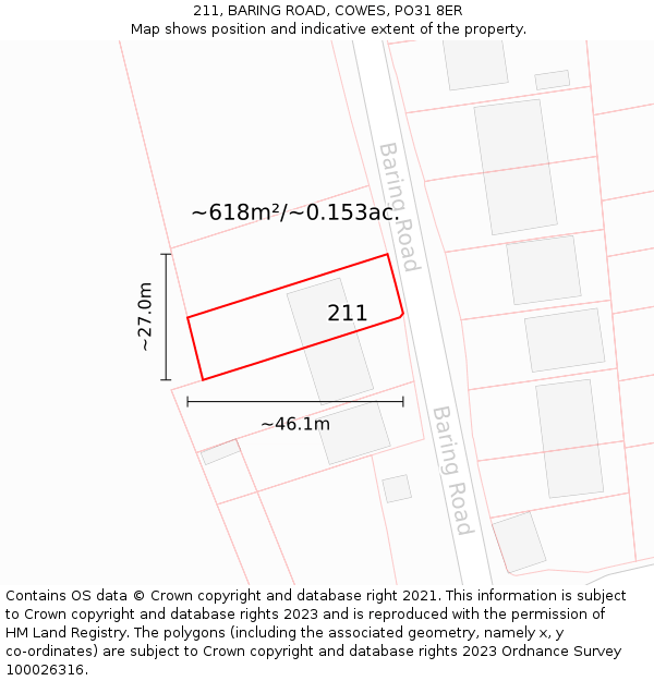 211, BARING ROAD, COWES, PO31 8ER: Plot and title map