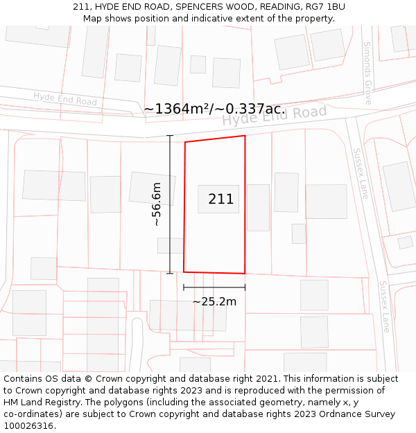 211, HYDE END ROAD, SPENCERS WOOD, READING, RG7 1BU: Plot and title map