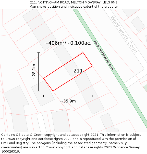 211, NOTTINGHAM ROAD, MELTON MOWBRAY, LE13 0NS: Plot and title map