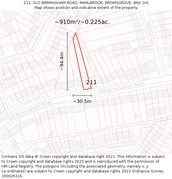 211, OLD BIRMINGHAM ROAD, MARLBROOK, BROMSGROVE, B60 1HL: Plot and title map