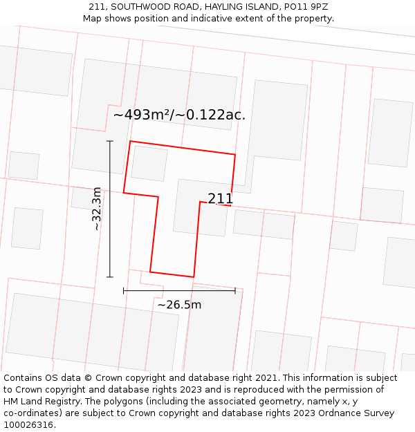 211, SOUTHWOOD ROAD, HAYLING ISLAND, PO11 9PZ: Plot and title map