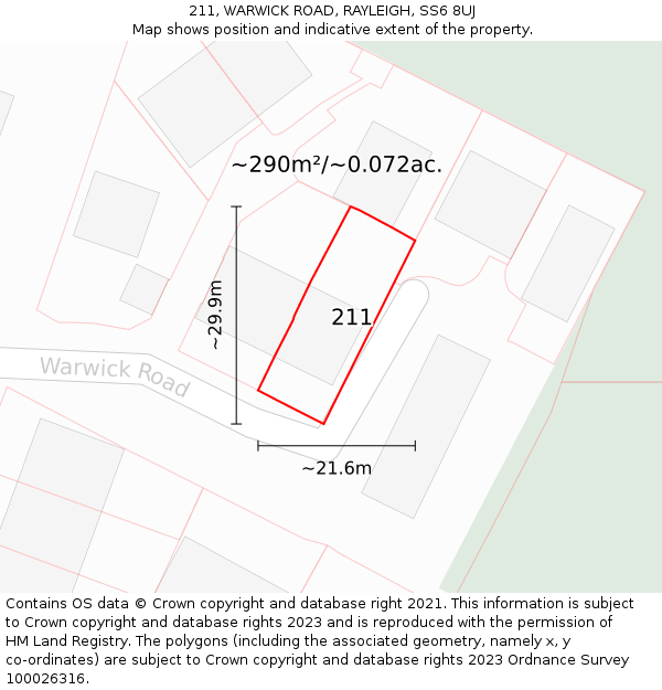211, WARWICK ROAD, RAYLEIGH, SS6 8UJ: Plot and title map
