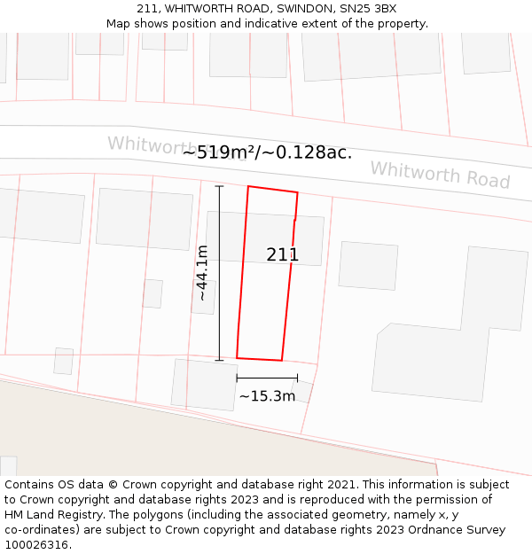 211, WHITWORTH ROAD, SWINDON, SN25 3BX: Plot and title map