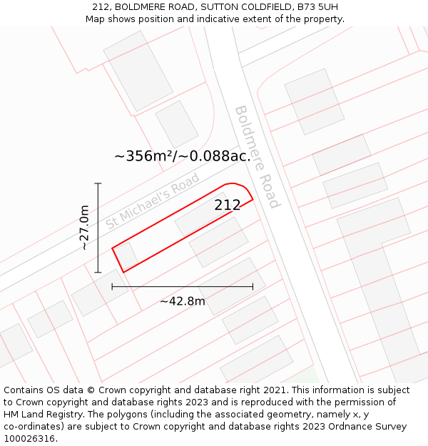 212, BOLDMERE ROAD, SUTTON COLDFIELD, B73 5UH: Plot and title map