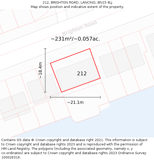 212, BRIGHTON ROAD, LANCING, BN15 8LJ: Plot and title map