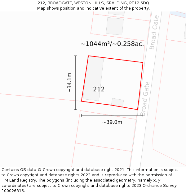 212, BROADGATE, WESTON HILLS, SPALDING, PE12 6DQ: Plot and title map