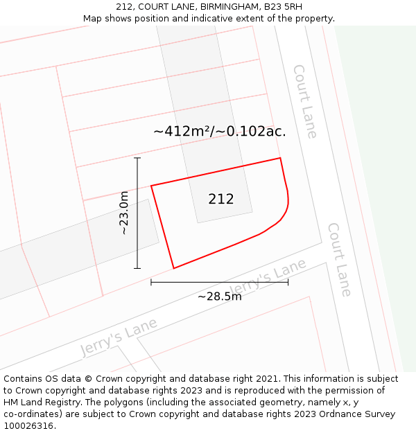 212, COURT LANE, BIRMINGHAM, B23 5RH: Plot and title map