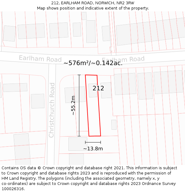 212, EARLHAM ROAD, NORWICH, NR2 3RW: Plot and title map