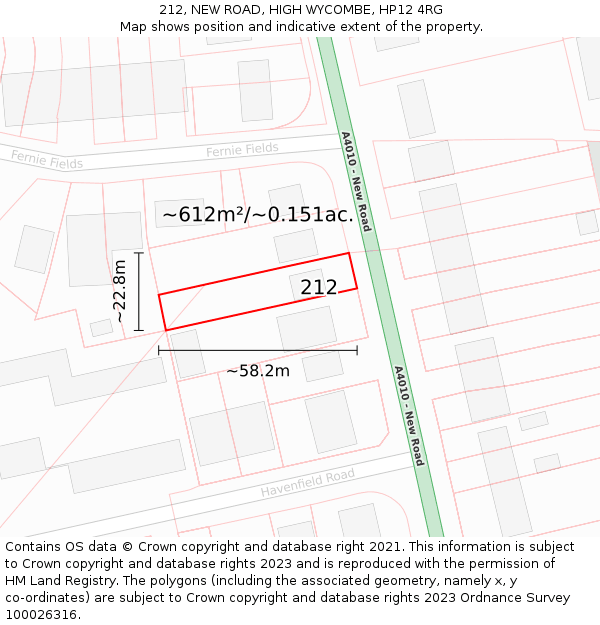 212, NEW ROAD, HIGH WYCOMBE, HP12 4RG: Plot and title map