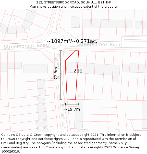 212, STREETSBROOK ROAD, SOLIHULL, B91 1HF: Plot and title map