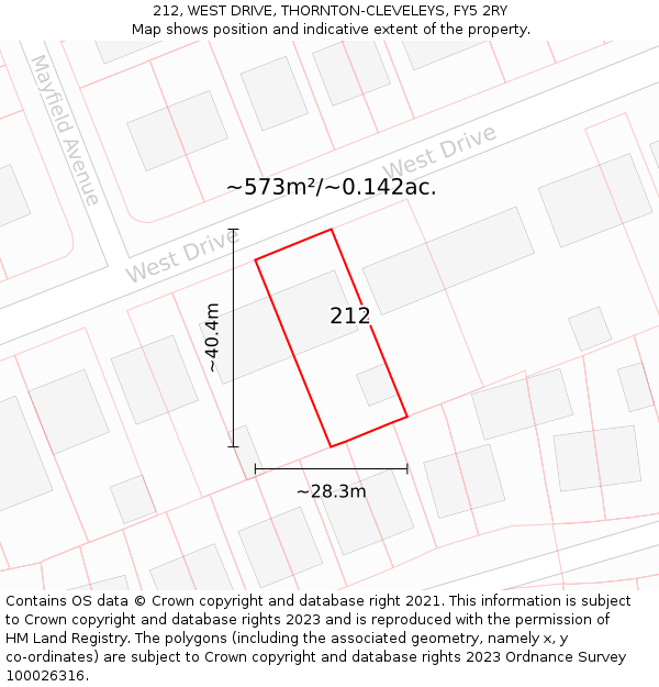 212, WEST DRIVE, THORNTON-CLEVELEYS, FY5 2RY: Plot and title map