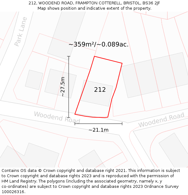 212, WOODEND ROAD, FRAMPTON COTTERELL, BRISTOL, BS36 2JF: Plot and title map